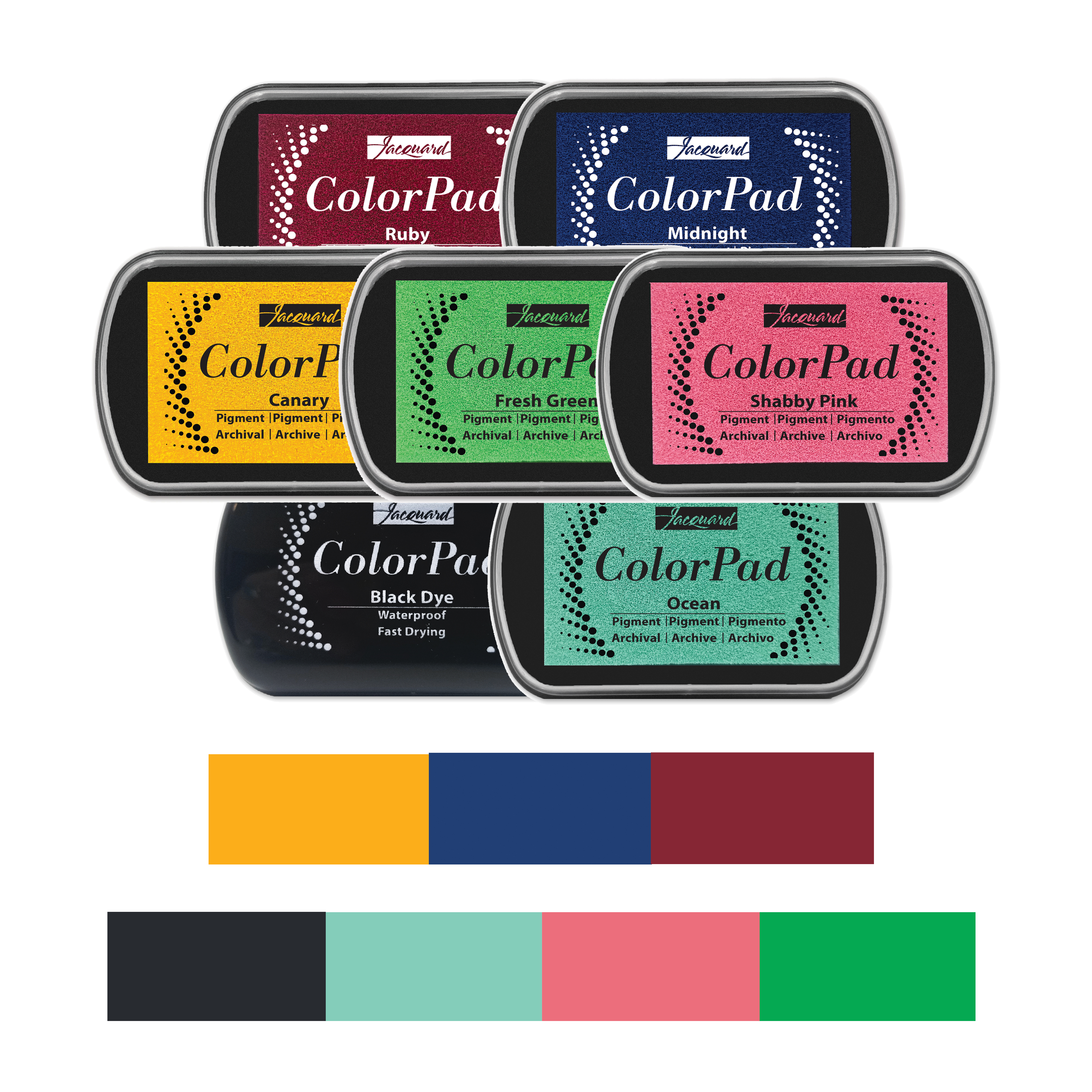 Eight ColorPad stamp pads arranged in a bundle with colors Ruby, Midnight, Shabby Pink, Ocean, and Waterproof Black Dye.